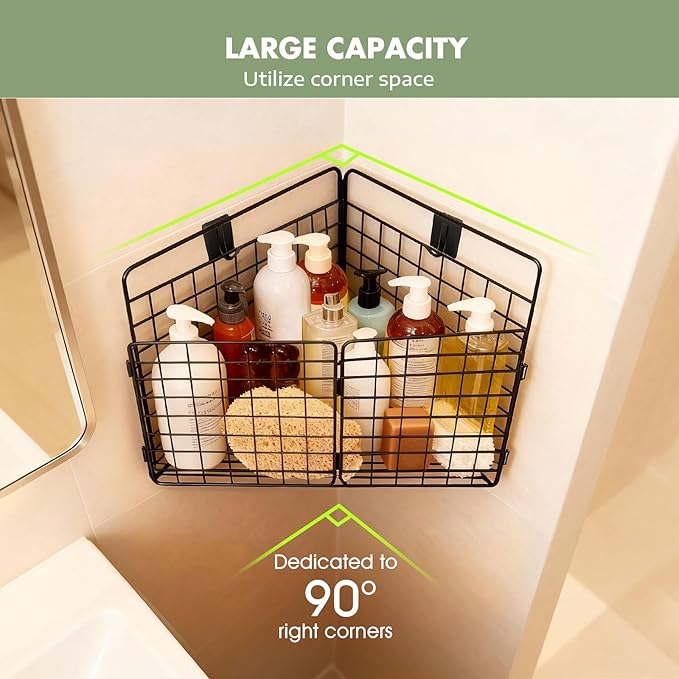 Greentainer Corner Bath Toy Storage Organizer, Large Rustproof Metal Wire Basket, Foldable Wall Mounted Hanging Bathtub Toy Holder with Drainage, No Drilling Adhesive Shower Caddy for Bathroom Tub