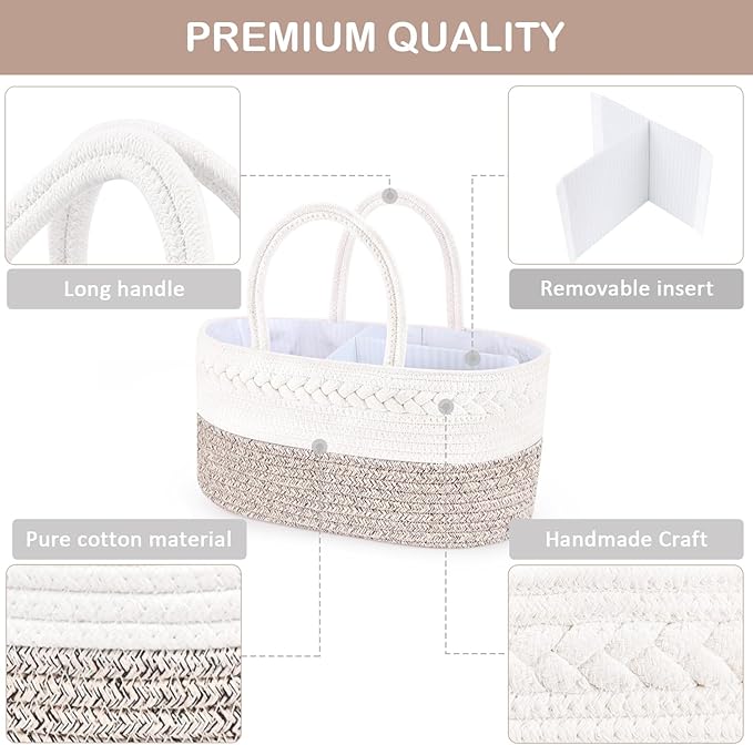 ABenkle Diaper Caddy Organizer, Boho Rustic Cotton Rope Nursery Baby Basket, Changing Table Organizer for Baby Diaper Storage and Baby Shower