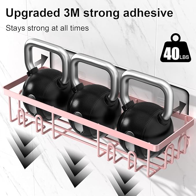 Getsrichfc Shower Caddy Adhesive, Rustproof Shower Shelves for Inside Shower, Large Capacity Bathroom Organizers and Storage, Shower Storage with Removable Hooks, No Drill Bathroom Accessories Pink