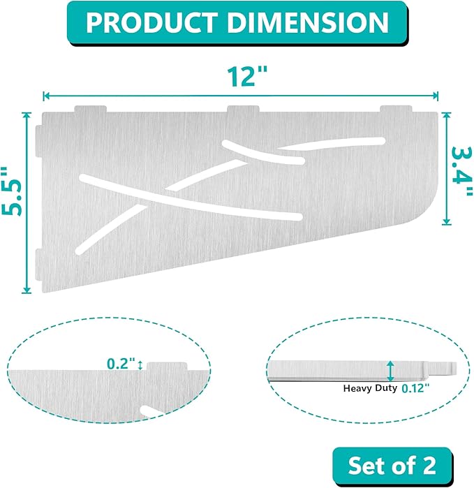 Qeke Shower Corner Shelf 304 Stainless Steel 12" Corner Shelf Bathroom Shampoo Holder for Shower Floating Corner Shelf for Wall, No Drilling, Brushed Nickle, 2Pack