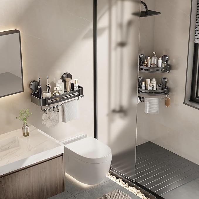 VOLPONE 2 Pack Shower Caddy Suction Cup, Corner Shower Shelves No Drilling, Showers Organizer Storage with Towel Bar & Removable Hooks, Bathroom Shower Shelf Rack for Inside Showers, Square