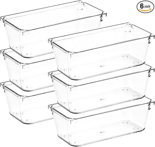 6 Pack Drawer Organizer - 3" X 6" Clear Acrylic Storage Bins with Non-Slip Pads, Versatile Desk Tray for Makeup, Jewelry, Kitchen, Bathroom, and Office Organization