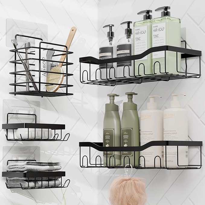 Clara Clark Bathroom Accessories Set - Bathroom Set with Adhesive Corner Shower Caddy Hanging, 25PC Bathroom Accessory Set, Navy Shower Curtain Set, Toilet Brush, Trash Can & Soap Dispenser