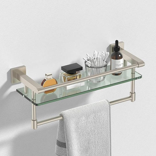 16-Inch Modern Glass Shelf with Towel Bar, 1-Shelf, Brushed Nickel Finish, Wall Mount, Bathroom Organizer