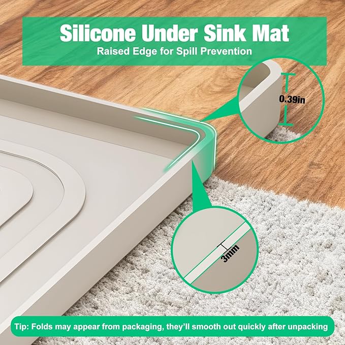 Aisslro Under Sink Mat 22" X 19", Waterproof Silicone Cabinet Organizer Protector with Raised Edge, Kitchen & Bathroom Leak Tray, Shelf Liner & Pet Feeding Mat for Dog Cat Food Mats, Beige