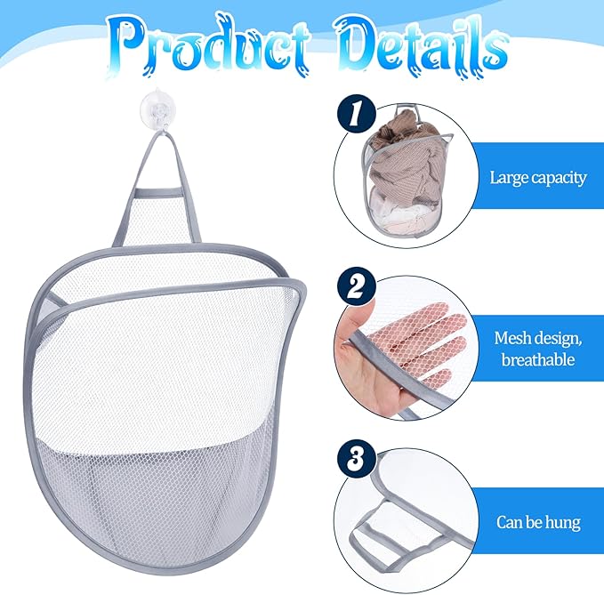 2 Pack Mesh Hanging Laundry Hamper, Small Foldable Wall Laundry Baskets Space-Saving Wall Hamper Portable Dirty Clothes Organizer for Home, Dorms, Hotels, RVs Grey