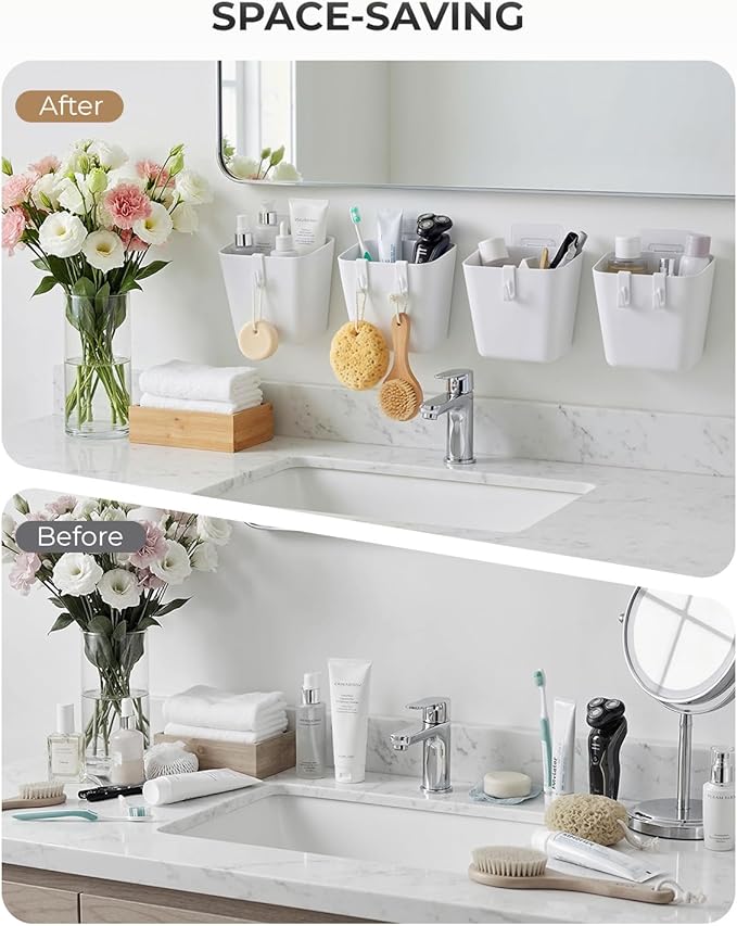 4 Pack Rolling Cart Accessories, White Craft Cart Cup Holder and 6 Hooks for Utility Carts Accessories, Adhesive Kitchen Cabinet Door Storage, Space-Saving Wall Mount Organizer for Bathroom, Office