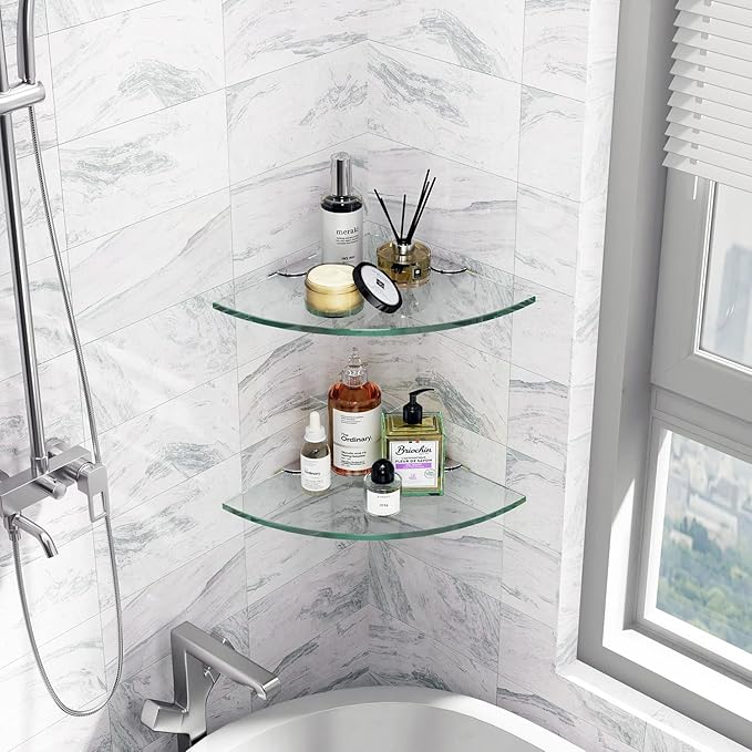 Glass Corner Shelf for Bathroom Corner Shower Shelf Tempered Glass Shelf Shower Organizer Shampoo Holder No Drilling Shower Caddy Corner for Inside Shower 9.4" R