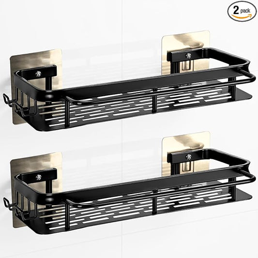 Adhesive Shower Caddy 2 Pack, No Drill Rustproof Space Aluminum Shower Organizer for Bathroom, College Dorm & Apartment, Wall Mounted Shelf with Towel Bar & Hooks for Large Bottles, Black