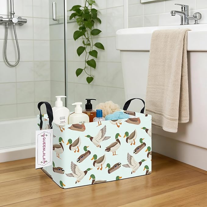 QUEENLALA Rectangular Laundry Hamper/Foldable Nursery Laundry Basket for Organizing/Storage Bin Baskets/Children Toy Office Bedroom/Toy Bin Closet Shelf Baskets (Rec-Mallard Duck)