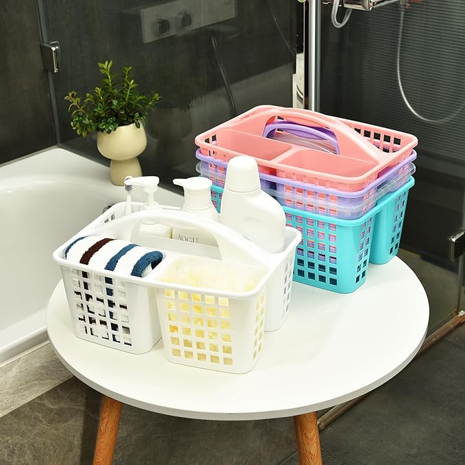 ALINK Plastic Shower Caddy Basket with Compartments, Portable Divided Cleaning Supply Storage Organizer with Handle for College Dorm Bathroom -Blue