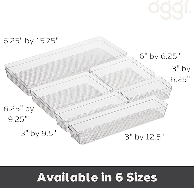 Oggi Clear Drawer Organizer - 3" X 6.25"- Ideal for Organizing Kitchen Drawers, Office, Desk, Silverware, Kitchen Utensils, Cosmetics and Bathrooms