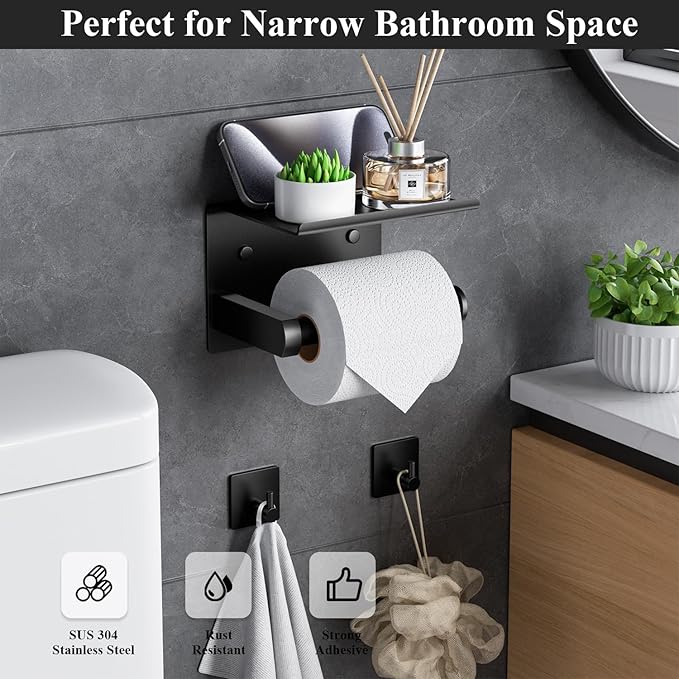 Tindbea Toilet Paper Holder Wall Mount + Towel Robe Hooks, Adhesive or Screw Wall Mounted Toilet Paper Roll Holder with Shelf, Stainless Steel Bathroom Organizers and Storage Kit (Matte Black)