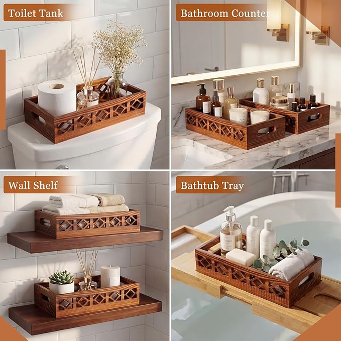Qunclay 2 Pack Brown Toilet Tank Baskets Wooden Toilet Tank Top Paper Baskets with Handle Rustic Hollow Bathroom Paper Organizer Holders Farmhouse Decorative Bathroom Storage Box