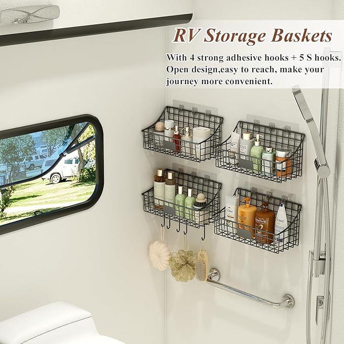 Sonyabecca Hanging Wall Wire Basket-4Pack,Large Metal Organizer Baskets & Bathroom Shower Shelf with 4 Adhesive Hooks+5 S Hook, Wall Mounted Baskets & Shelves for Bathroom, Kitchen Storage