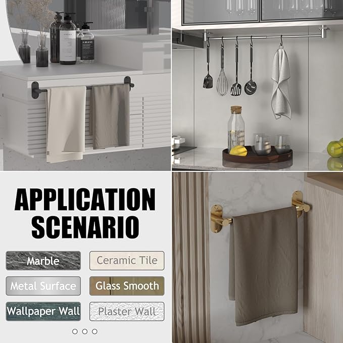 Towel Bar, Adjustable 14.4inch - 25.2inch Towel Rack, Self Adhesive Wall Mounted for Bathroom Kitchen Hand Towel Holder Cloths Hanger 304 Stainless Steel Organizer Single Bar (Brushed Nickel)