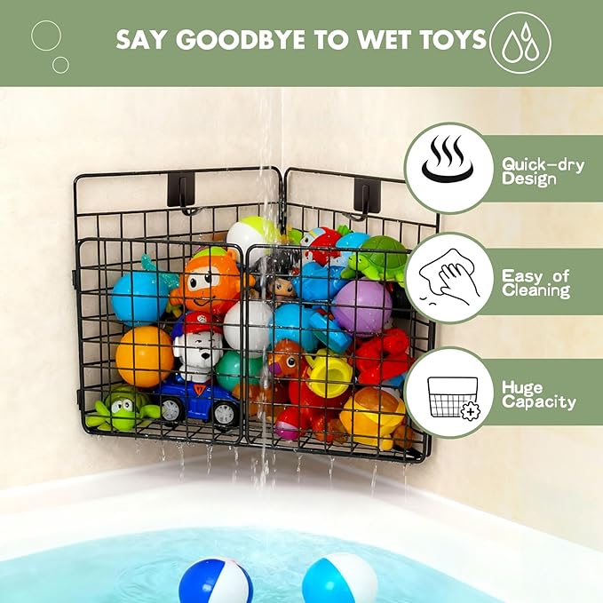 Greentainer Corner Bath Toy Storage Organizer, Large Rustproof Metal Wire Basket, Foldable Wall Mounted Hanging Bathtub Toy Holder with Drainage, No Drilling Adhesive Shower Caddy for Bathroom Tub