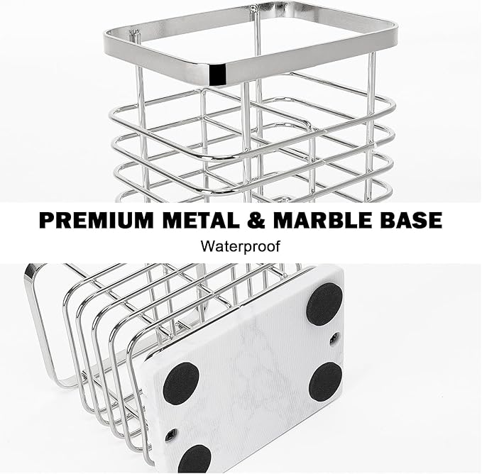 Toothbrush Holder, Luxurious Metal Toothbrush Toothpaste Holder with Marble Base for Bathroom, Multi-Slots Openwork Design, Bathroom Accessory for Storage and Organizer (Small, Chrome)