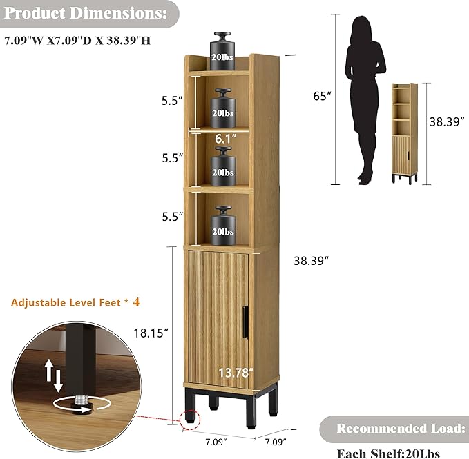 Narrow Bathroom Storage Cabinet, Corner Toilet Paper Floor Cabinet 5 Tiers with Door and Shelves,Bathroom Organizer with Adjustable Shelf, for Small Spaces (Oak)
