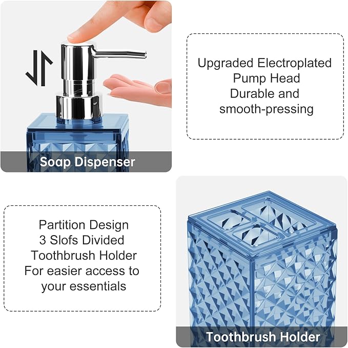 Blue Bathroom Accessories Set 2 PCS, Navy Blue Bathroom Accessories Include Soap Dispenser and Toothbrush Holder, Diamond Pattern Bathroom Set for Boho Bathroom Decor