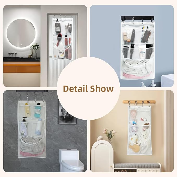 Mesh Shower Caddy Hanging,Hanging Mesh Pockets Shower Curtain Liner Pockets Hanging with Pockets Quick Dry Cruise RV Camper Bathroom Organizer with Shower Curtain Hooks