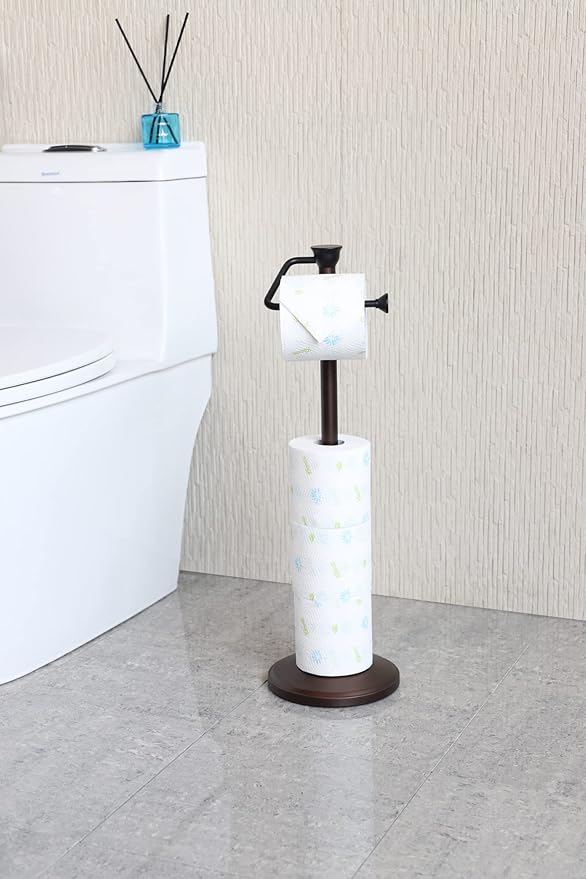 ZCCZ Toilet Paper Holder Stand, Freestanding Tissue Roll Dispenser with Reserve Storage, Bathroom Organizer for 5 Mega Rolls, Oil Rubbed Bronze Finish, Space-Saving Design for Modern Home Décor