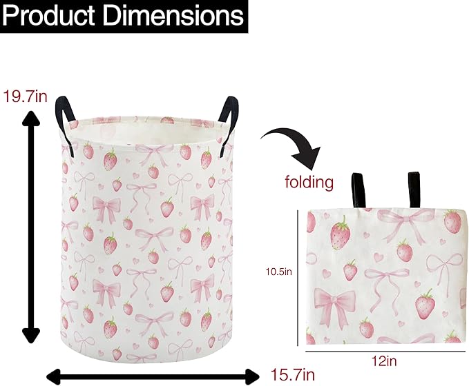 ESSME Kids Laundry Basket,Strawberry Hamper Collapsible Canvas Waterproof Storage Bin for Girls, Cute Hamper,Gift Baskets(Strawberry)
