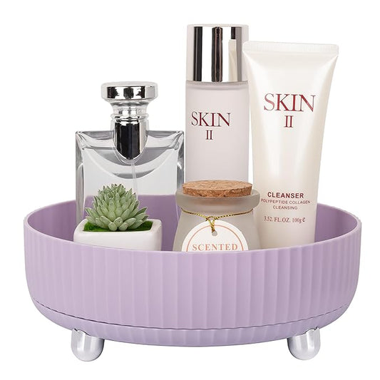 Anyoifax Makeup Perfume Organizer Tray 360 Degree Rotating Lazy Susan Skincare Lotion Organizer Spinning Cosmetics Storage for Dresser, Vanity, Bathroom Countertop, Small Purple