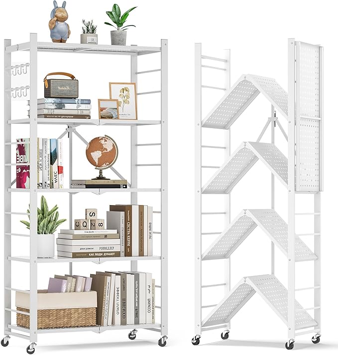 5-Tier Folding Metal Storage Shelf with Wheels & Hooks, Heavy Duty Utility Rack, No-Assembly Collapsible Organizer for Kitchen, Garage, Office, Living Room – 750 lbs Capacity, Black (White, 5-Tier)