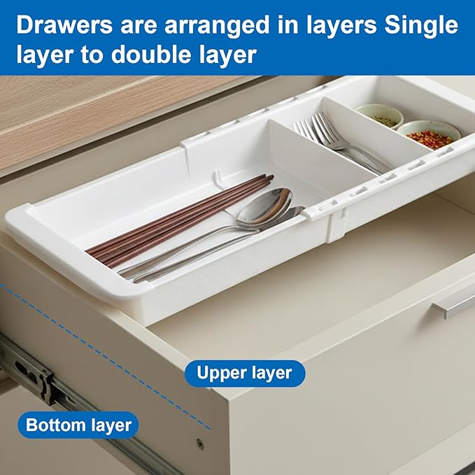 2 PCS Sliding Drawer Tray with Adjustable Dividers, Expandable Kitchen Storage Organizer, Sliding Drawer Bin, Expandable Drawer Organizer, Drawer Organizer Trays For Utensils, Flatware, Junks