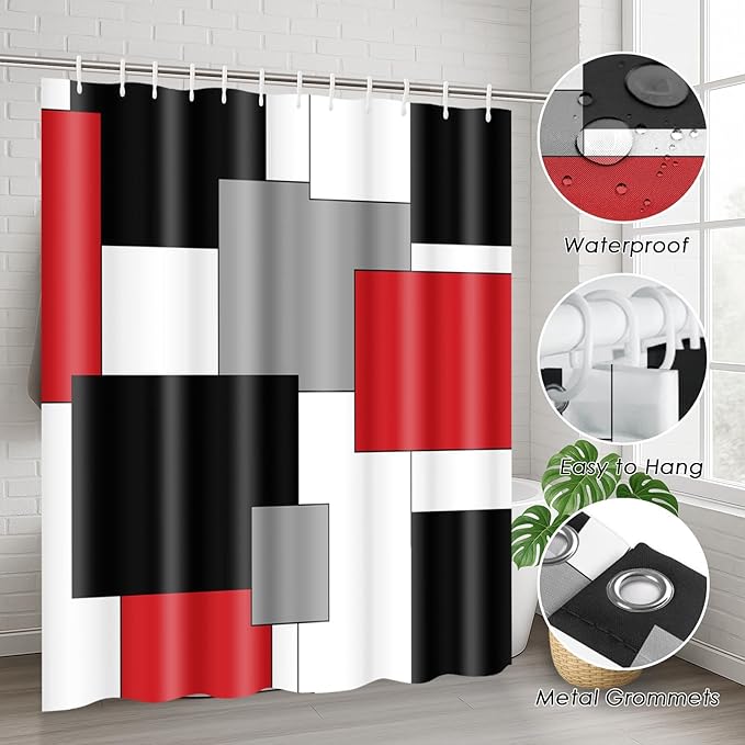 Red Geometric Shower Curtain Set with Toilet Lid Cover and Non-Slip Rugs for Bathroom, Black White Grey Checkered 4 Pcs Shower Curtain, Modern Abstract Bathroom Set with 12 Hooks