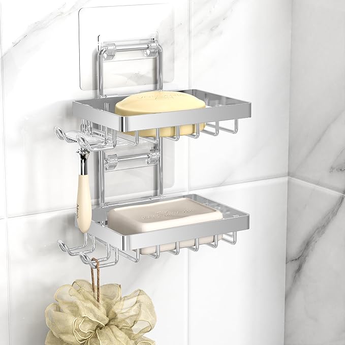 Moforoco Silver Double Soap Bar Holder for Shower, No Drilling Rustproof Stainless Steel, Wall Mounted Soap Holder with 4 Hooks and Razor Holder, Shower Rack Soap Tray Bar Soap for Bathroom & Kitchen