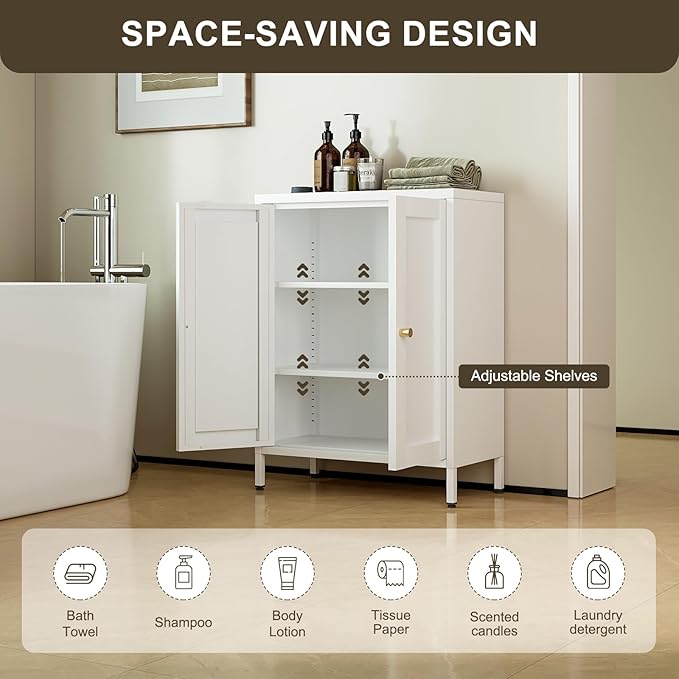 Bevivog Metal Bathroom Floor Storage Cabinet, Small Storage Sideboard with 2 Doors and 2 Adjustable Shelves, 12" Small Cabinets White Freestanding Locker for Entryway, Living Room, Hallway