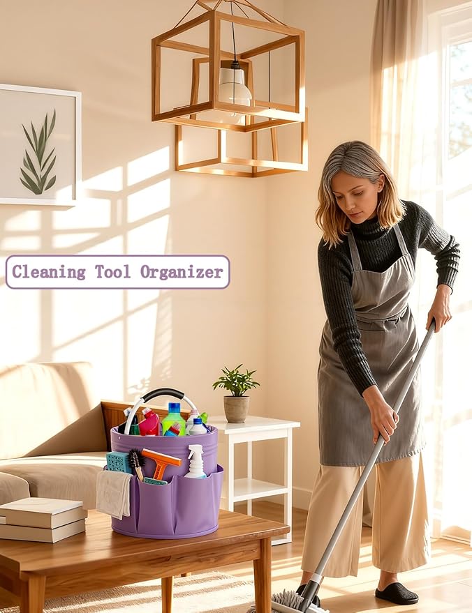 Cleaning Caddy with Handle, Cleaning Products Organiser, Foldable Storage Basket, Large Supply Organiser 17L with 6 Pockets, Portable Cleaning Caddy for Home & Garden (Purple)