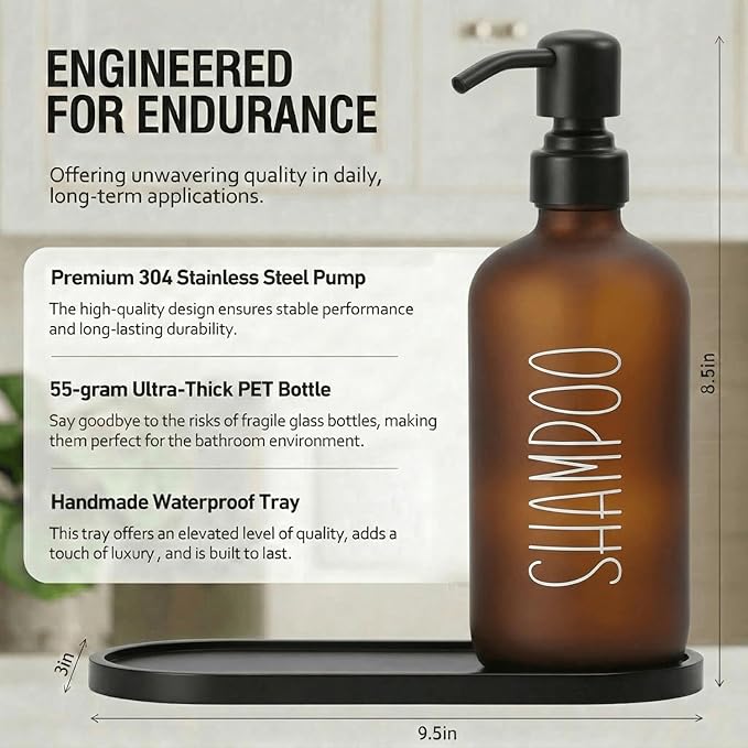 MOMEEMO Amber Shampoo and Conditioner Bottles with Tray, Shower Bottles Refillable with Labels, Hotel Shampoo and Conditioner Dispenser for Shower, Body Wash Container with Pump (Amber)