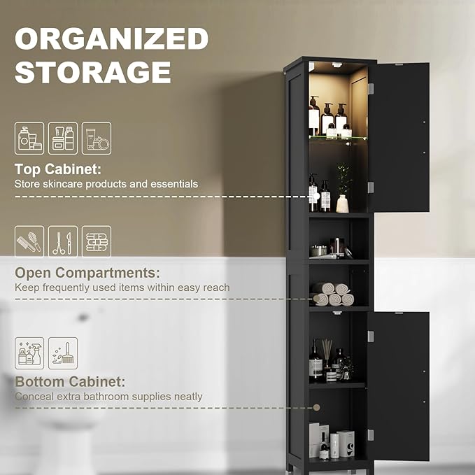 Hawkrown 67" Tall Bathroom Storage Cabinet with Lights, Slim Narrow Bathroom Cabinet Organizer with Doors and Adjustable Shelves, Tall Cabinet for Small Space (66.9" Tall-Black with Light)