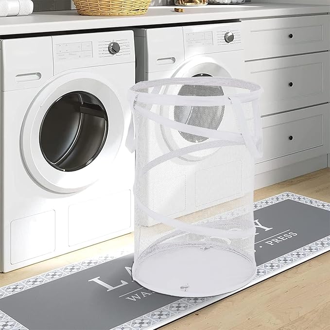 BATTOO Collapsible Laundry Basket Foldable Mesh Pop Up Hamper with Handles for Laundry Room, Bathroom, Kids Room, College Dorm, Travel, Storage Organizer White
