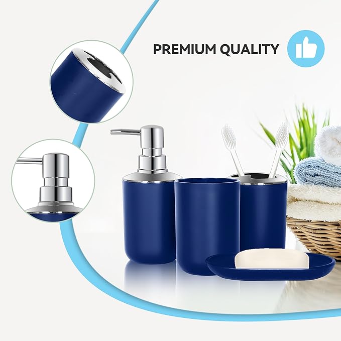 Blue Bathroom Accessories Set 4 PCS, Blue Bathroom Accessories, Plastic Soap Dispenser and Toothbrush Holder Set, Soap Dish and Mouthwash Cup, Boho Bathroom Decor, Bathroom Set