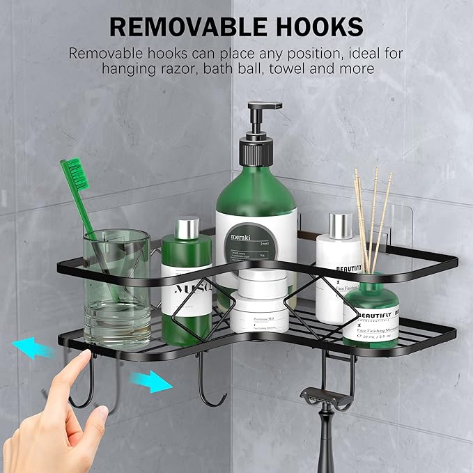 Large Corner Shower Caddy, 2 Pack Adhesive Bathroom Shower Organizer Shelves, No Drilling Rustproof Wall Mounted Shower Storage Basket Shampoo Holder Organizer (Black)