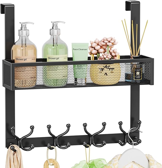 SWTYMIKI Over The Door Hook with 16 Hooks & Mesh Baskets - Heavy Duty Over The Door Organizer Hanger for Towels, Coats, Clothes - Space Saving Hanging Rack for Bathroom, Living Room, Black