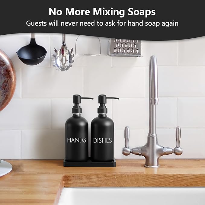Black Dish and Hand Soap Dispenser Set - Glass Kitchen Soap Dispenser with Tray and Stainless Steel Pump - for Black Kitchen Decor and Accessories