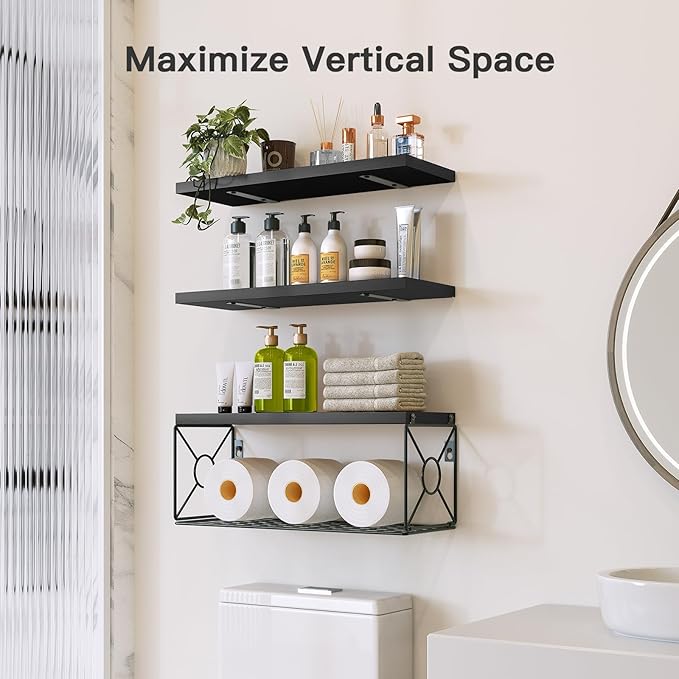 Amada Bathroom Shelves Over Toilet with Storage Basket, Floating Wall Shelf for Home Organization & Wall Decor, Bathroom/Kitchen/Living Room Shelves–Black