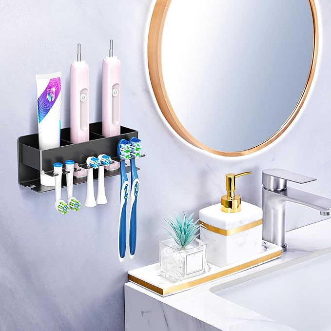 Toothbrush Head Holders, Electric Tooth Brush Head Holder, Adhesive Toothpaste Holder for Shower Bathrooms, Wall Mounted Tooth Brushing Holder Organizer Storage (Black, Large)