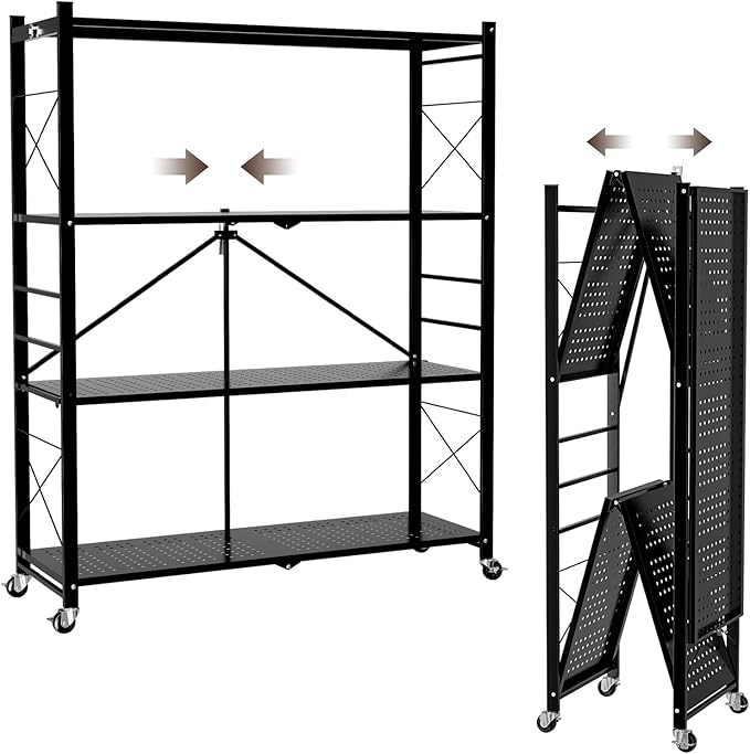 39.4" Wide 4-Tier Foldable Storage Shelves with 4 Wheels & 20 Hooks, Heavy Duty Metal Folding Shelf Unit, No Assembly, Adjustable 3rd Shelf for Kitchen, Garage, Pantry, Bookshelf, Black