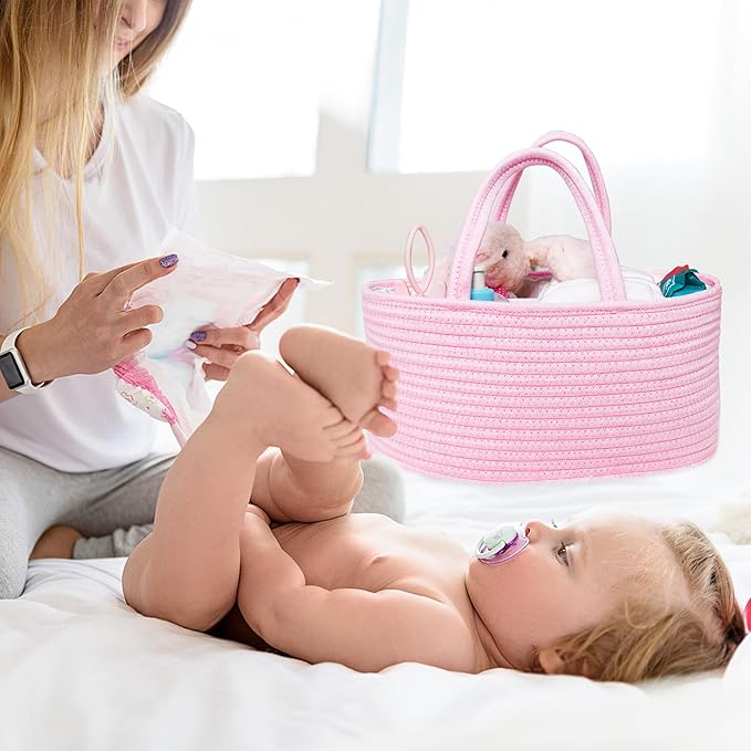 ABenkle Diaper Caddy Organizer, Boho Rustic Cotton Rope Nursery Baby Basket, Changing Table Organizer for Baby Diaper Storage and Baby Shower