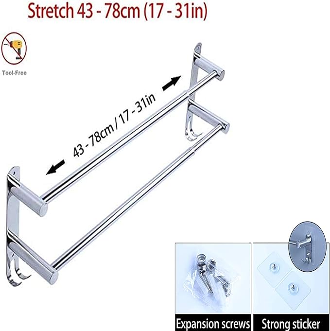 Towel Bars Freely Retractable 20-30 Inche Stainless Steel 304 Bath Towel Rack Strong 3M Adhesive Bathroom Wall-mounting Free mounting Hole-Installing washroom Kitchen Space Saving (2 Bars)