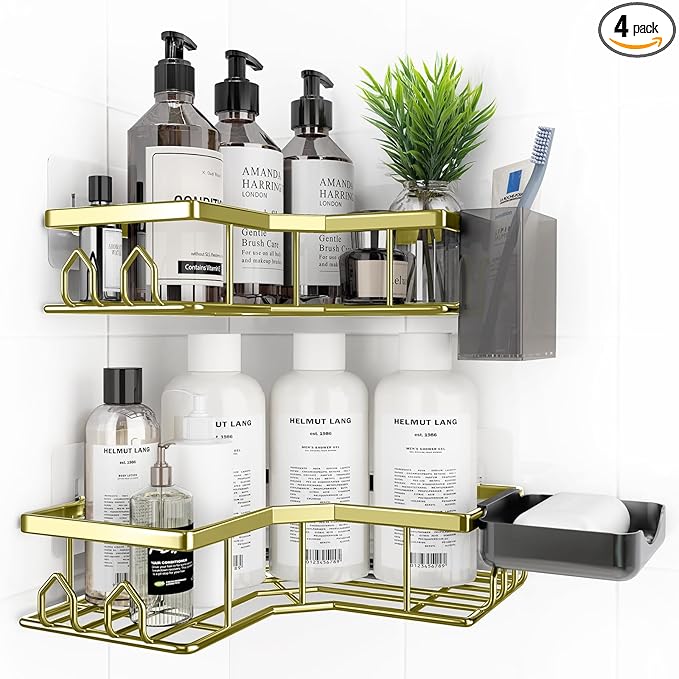 Adhesive Shower Caddy, 4 Pack Corner Bath Organizer, Rustproof Stainless Steel Shower Shelves with Large Capacity, No Drilling Shelves for Bathroom Storage, Home, Kitchen Décor(Gold)
