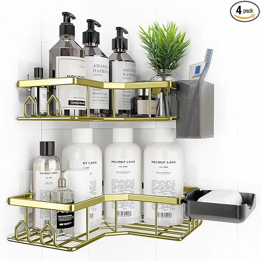 Adhesive Shower Caddy, 4 Pack Corner Bath Organizer, Rustproof Stainless Steel Shower Shelves with Large Capacity, No Drilling Shelves for Bathroom Storage, Home, Kitchen Décor(Gold)