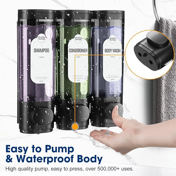 Shampoo and Conditioner Dispenser 3 Chamber No Drill – 300ml Each Container, Wall-Mounted Shower Soap Body Wash Dispenser for Bathroom, Toilet, Hotel & Kitchen (Black)