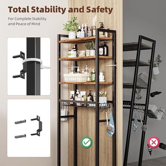 Ekisemio Over The Toilet Storage Rack, 4 Tier Over Toilet Shelf with Adjustable Feet, Freestanding Bathroom Organizer with Wooden Shelves, Hooks, Paper Holder, Vintage Brown